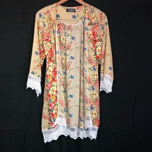 Relipop sz s tan floral lace open kimono boho chic